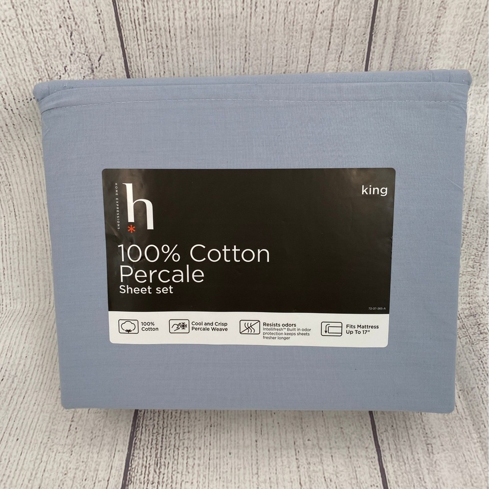 Home Expressions Sheet Set King Puritan Blue Cotton Percale Crisp Modern Cooling